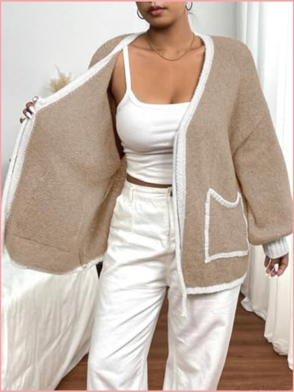 Plus Size Knit Cardigan with Pockets Open Front Long Sleeve - Picture 3 of 6